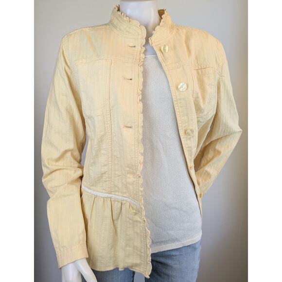 J.Jill Ruffled Neck Peplum Blazer Jacket Sz Large Tall Butter Yellow Cottagecore - Picture 2 of 12